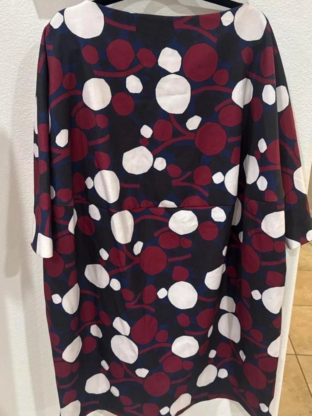 COS Women L Shift Knee Dress Boat Neck Polka Dot Navy Burgundy White 3/4 Sleeves